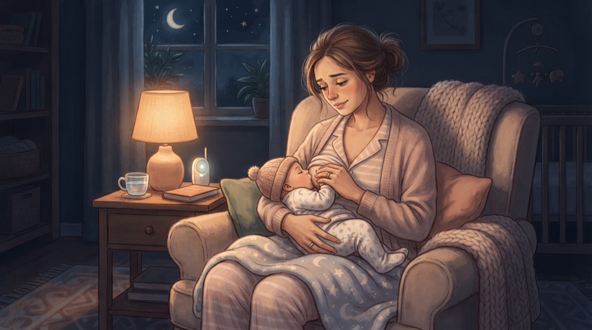 A parent feeding a newborn at night by warm lamplight
