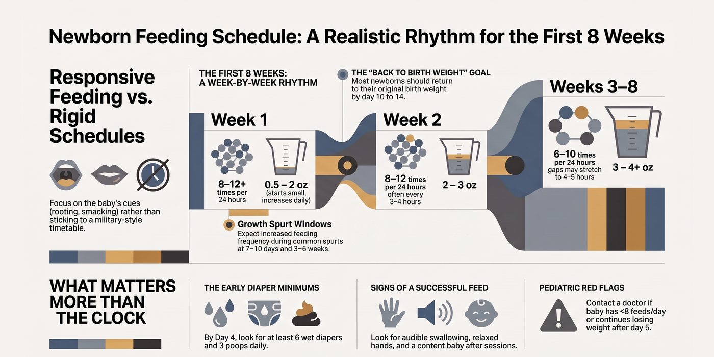 Infographic of a realistic week-by-week newborn feeding rhythm for the first 8 weeks
