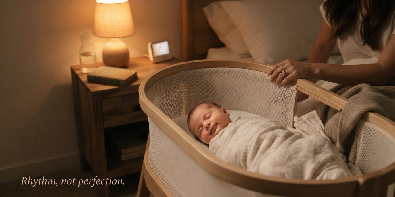 A parent settles a swaddled newborn into a bedside bassinet by warm lamplight