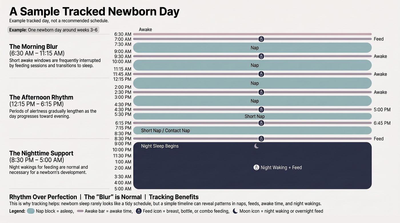 Illustrated sample tracked newborn day showing naps, feeds, awake stretches, and night wakings on one timeline