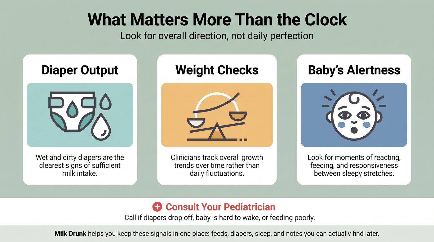 Infographic of the three signals that matter more than the clock: diaper output, weight checks, and baby's alertness, with a reminder to call the pediatrician if diapers drop off or baby is hard to wake