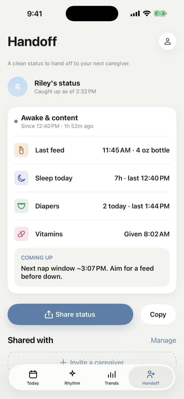 Milk Drunk Handoff: shareable status card