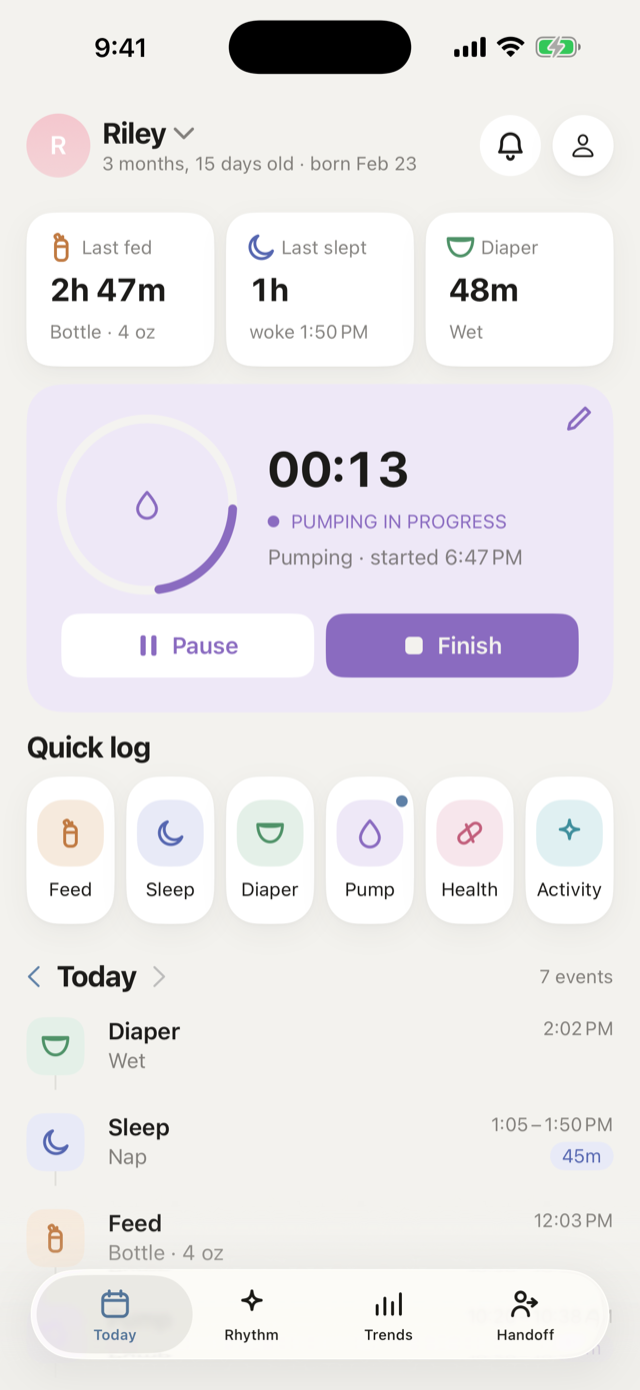 Milk Drunk Today screen: Riley's daily timeline with a live pumping timer running