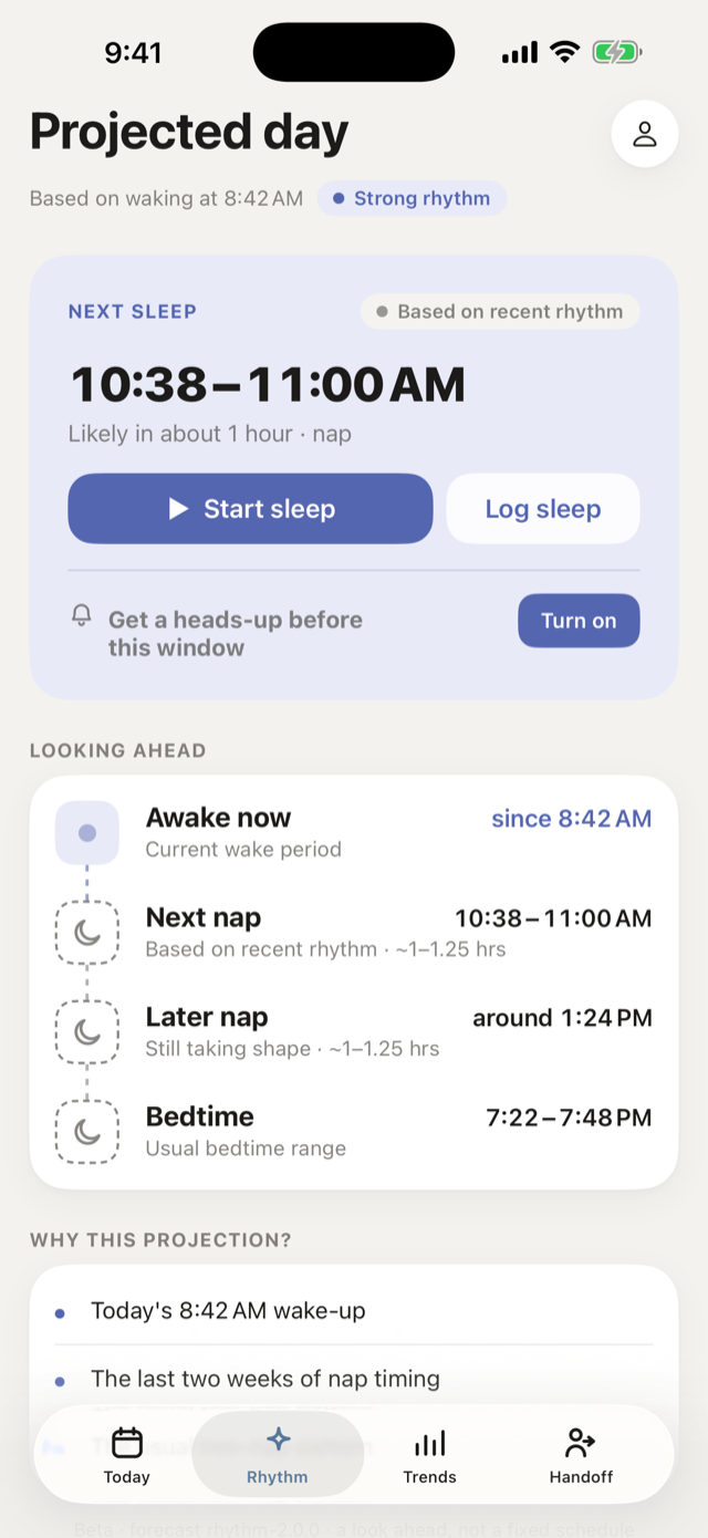 Milk Drunk Rhythm screen: the projected day with the next nap window, later naps and a bedtime range